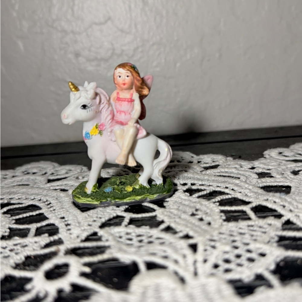 White Unicorn Figurine with little fairy - tiny figurine